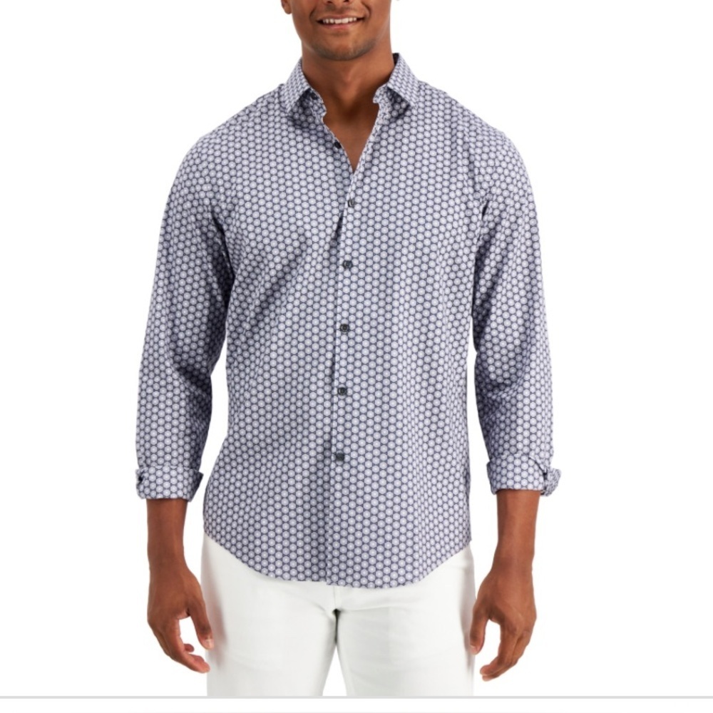Alfani Geometric Blue Casual Button Down Shirt